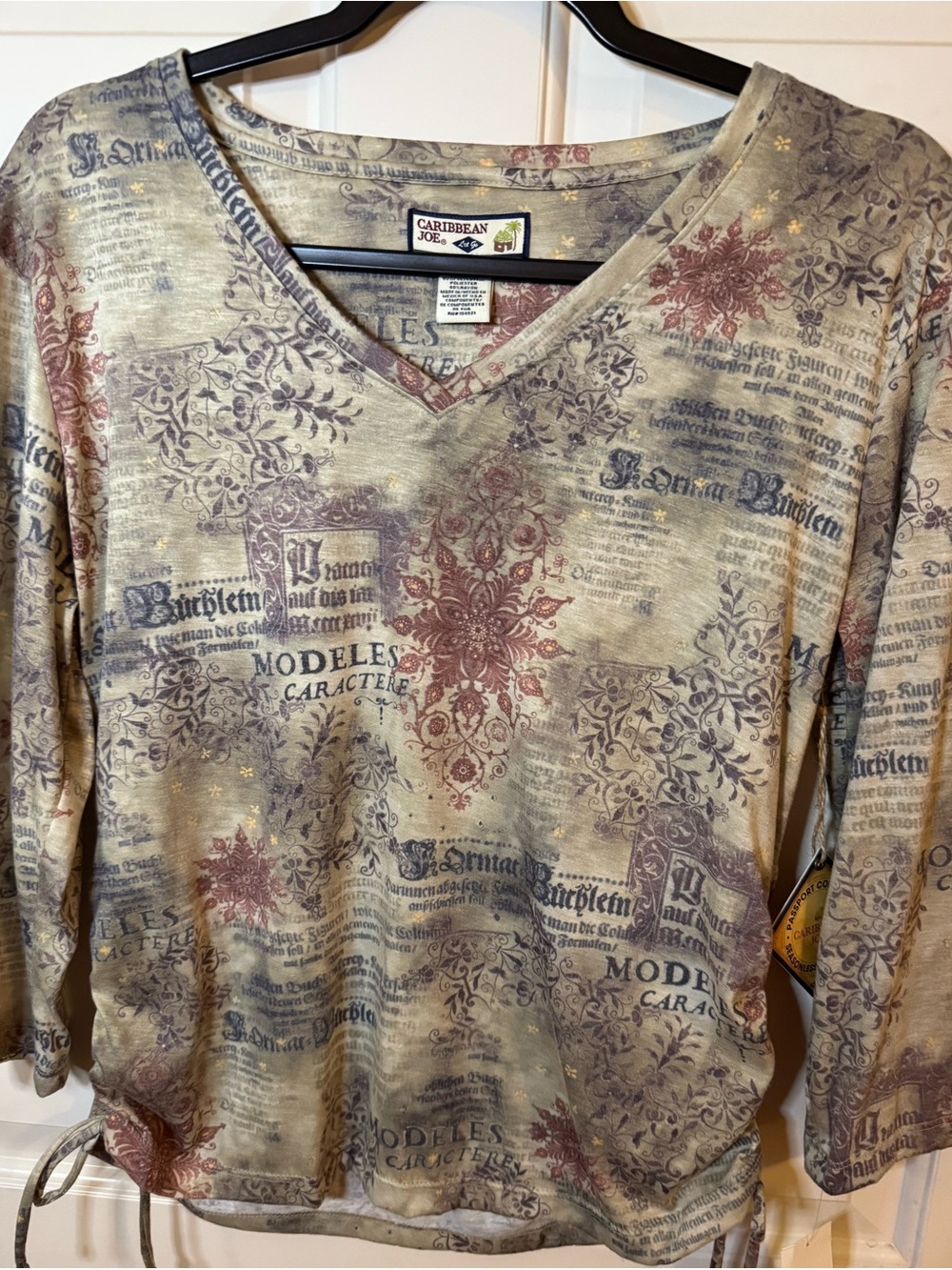 Caribbean Joe V-Neck Top with 3/4 Length Sleeves Side Ruching and Ties **NWT**